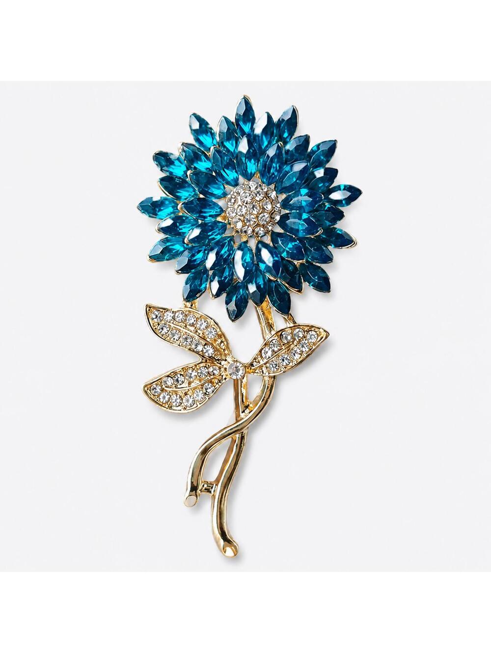 Elegant Blue Crystal Flower Brooch with Gold-Tone Stem #3